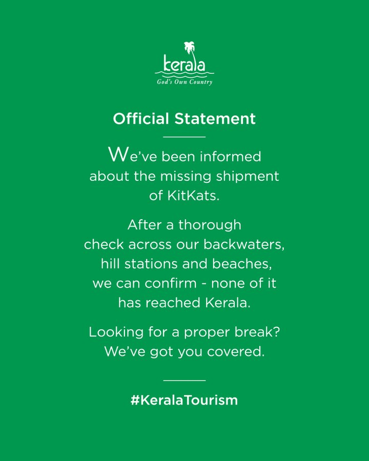 Advertisement on social media by Kerala Tourism joining the Kit Kat trend