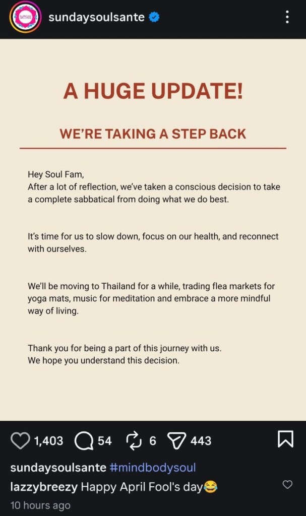 Soul Sante's Instagram Post on April Fool's Day 2026